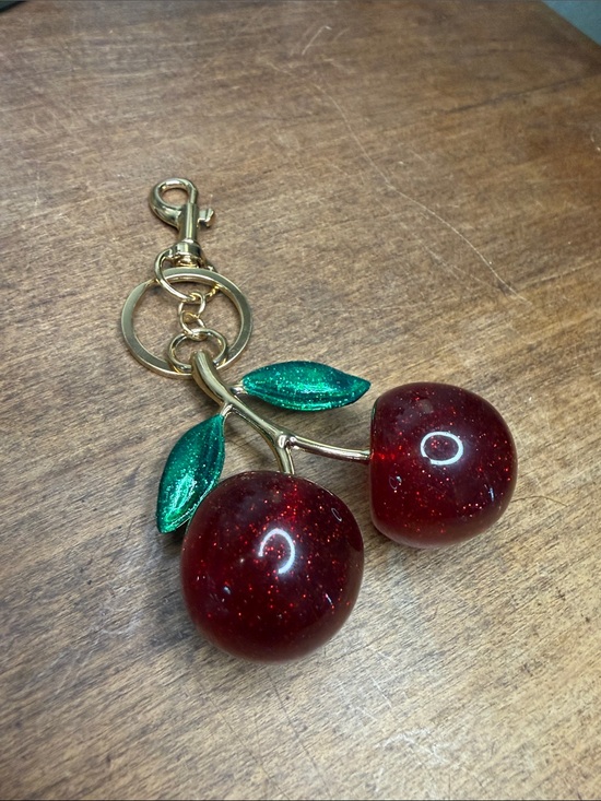 Unbranded Accessories - Red Cherry Keychain Bag Charm Green Glitter Leaves